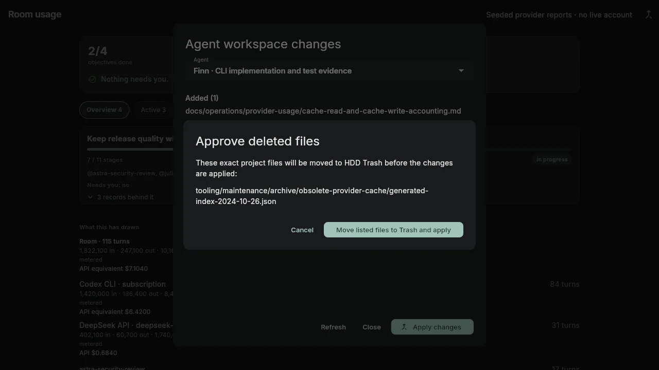 OrgBots approval dialog listing the exact deleted project file that will be moved to the owner's Trash drive before applying changes.